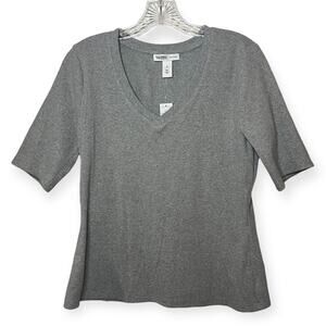 WHBM Outlet Heather Gray Ribbed V-Neck Elbow Sleeve Tee NWT Basic Sz Medium
